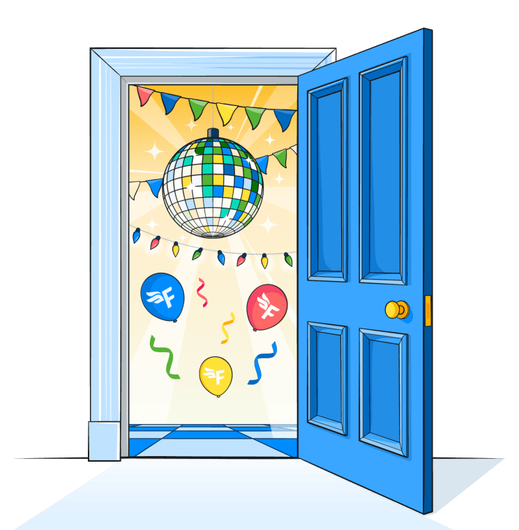 A door opening to reveal a party with disco ball and balloons.