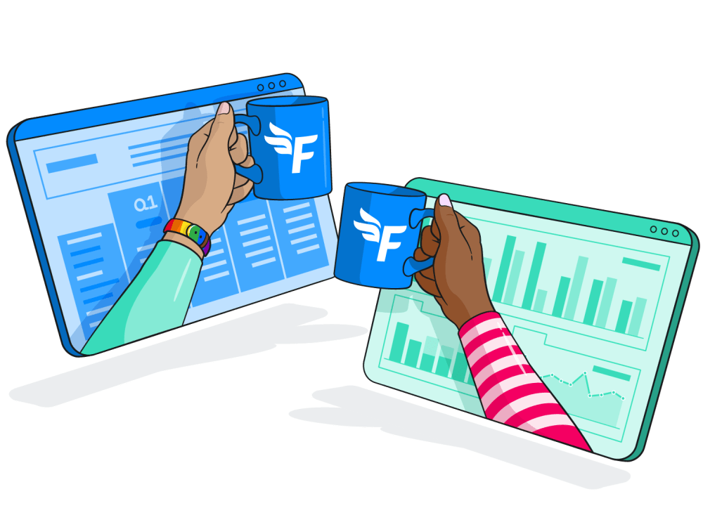 Two people clinking mugs together through their screens.