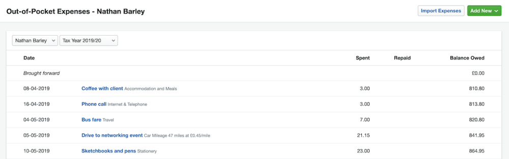 Out of pocket expenses overview screen in FreeAgent.