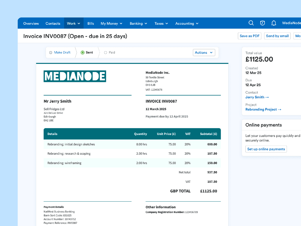 An invoice featuring a company's logo and colour scheme in the FreeAgent app.