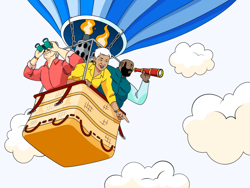 Three people in a hot air balloon, looking out of the basket using binoculars and a telescope.