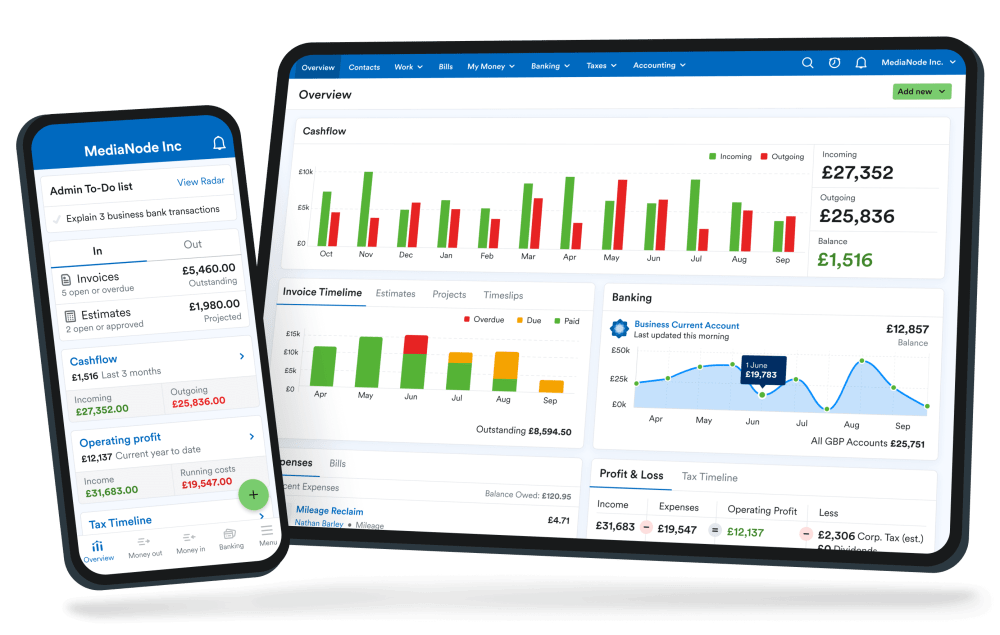 A phone and a laptop showing screens from the FreeAgent app