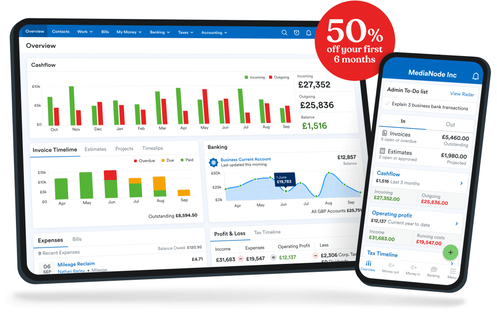FreeAgent software showing cashflow and charts on a tablet computer and mobile phone.