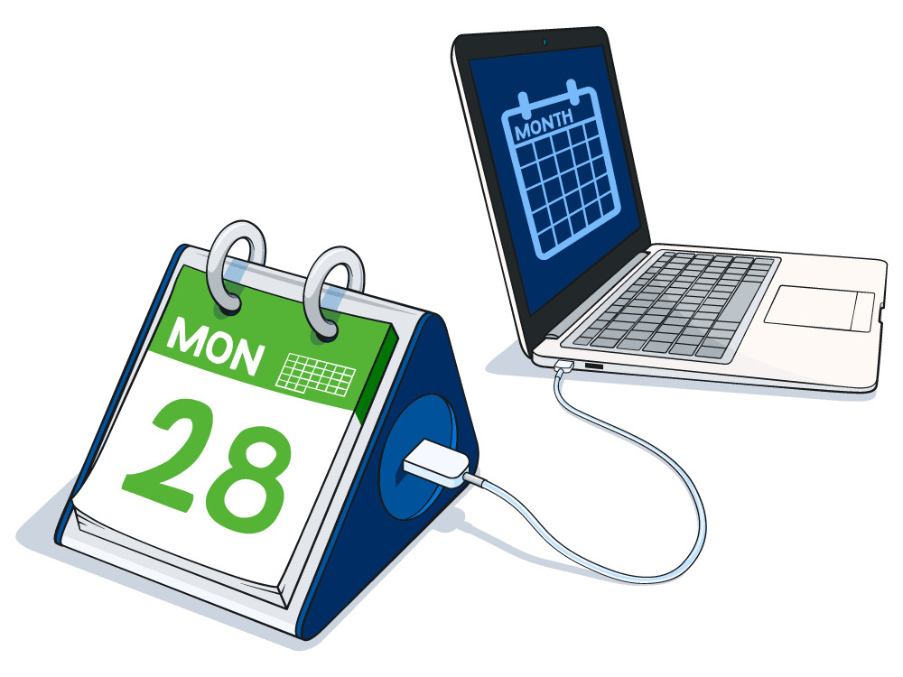 An illustration of a flip calendar linked to a laptop computer via a USB cable.