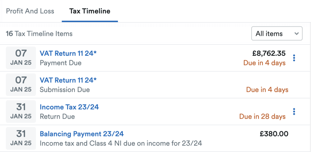An example of a FreeAgent Tax Timeline